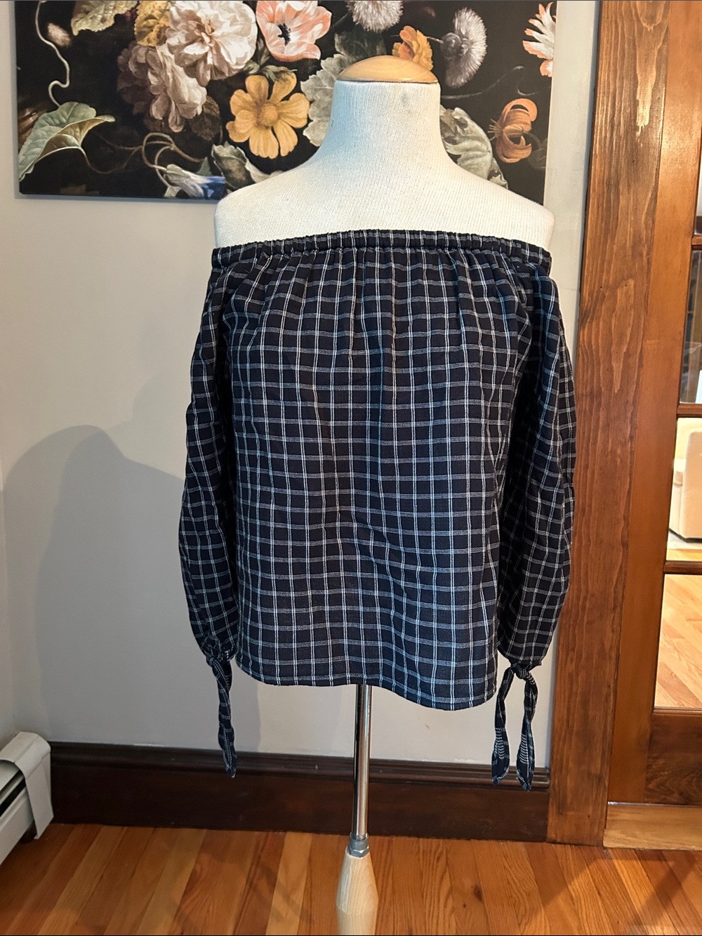 Madewell Black Plaid Off-Shoulder Top with Tie Sleeves 100% Cotton